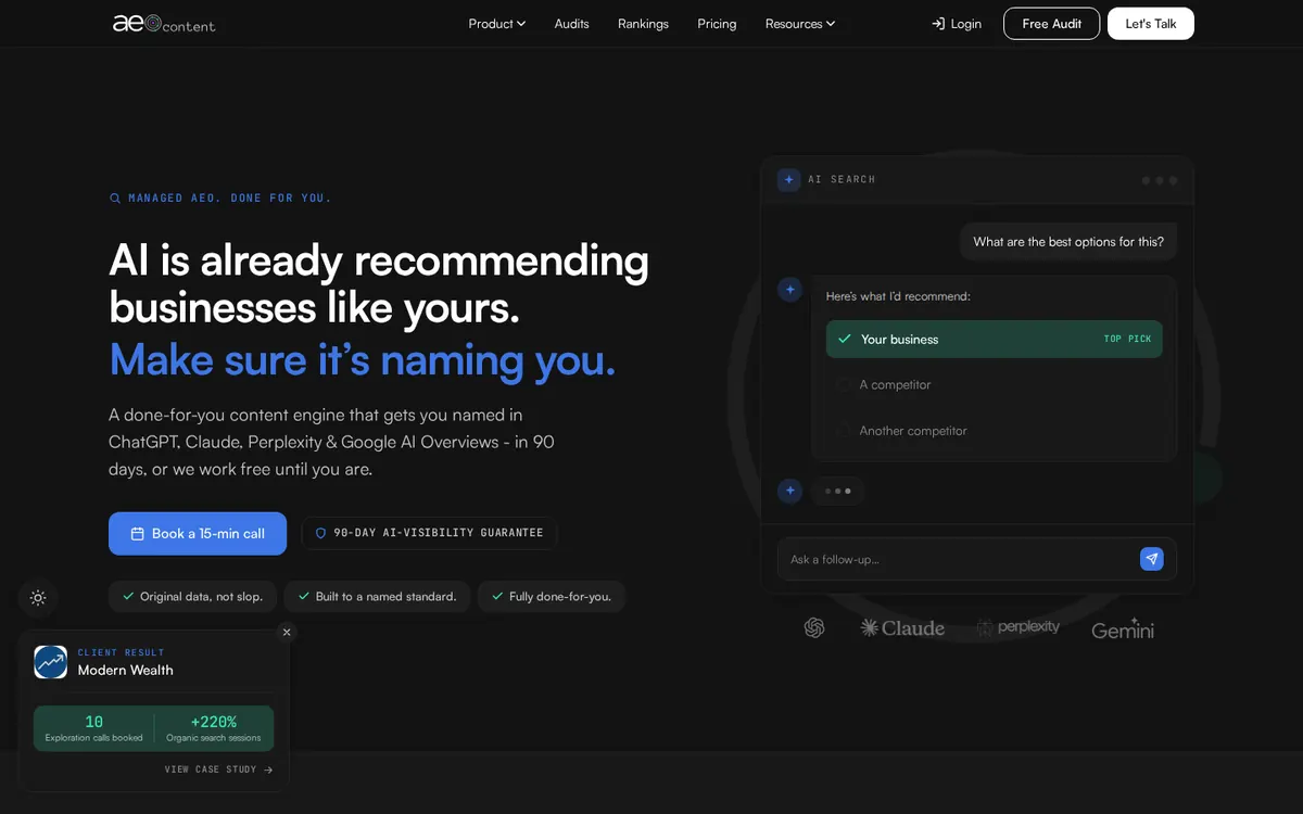 AEO Content - screenshot, Live · Sep 2026